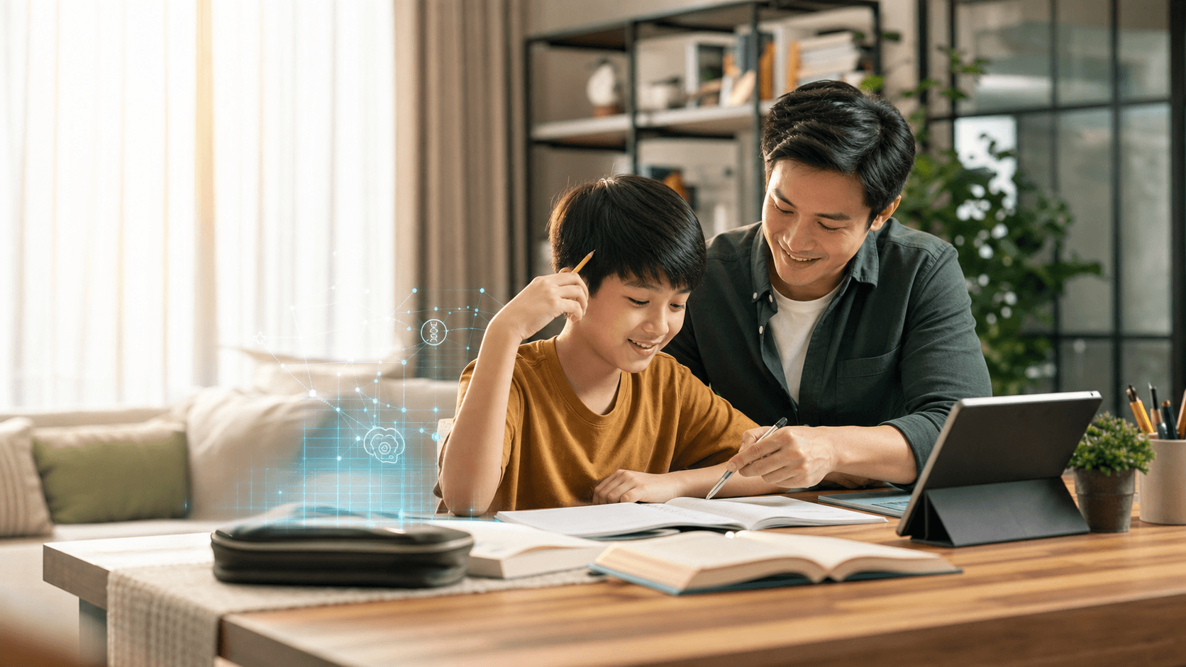 A tutor guiding a student with subtle digital learning visuals nearby