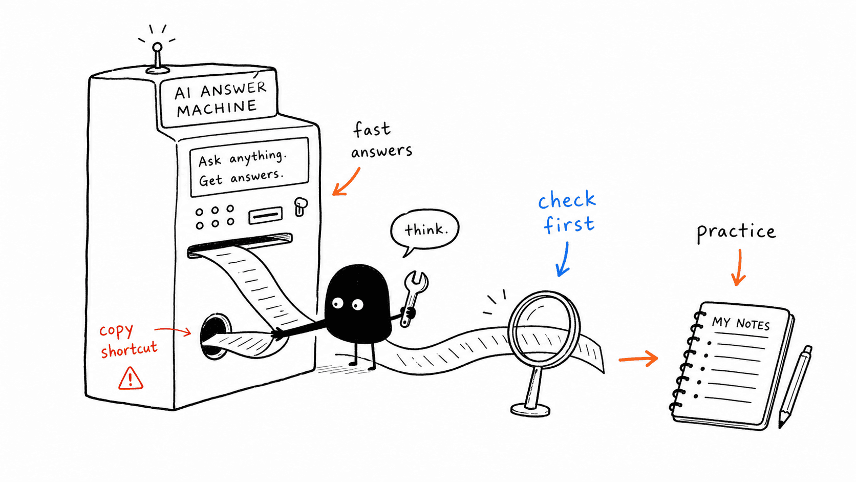 Black-and-white sketch of a student checking an AI answer beside a notebook