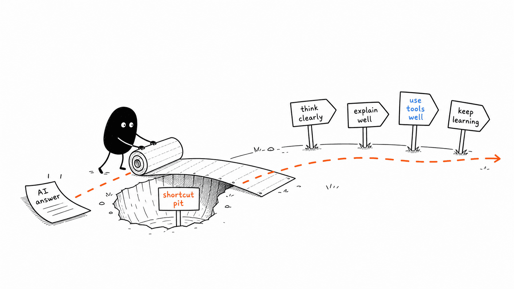 Black-and-white sketch of a student walking along a path toward future learning