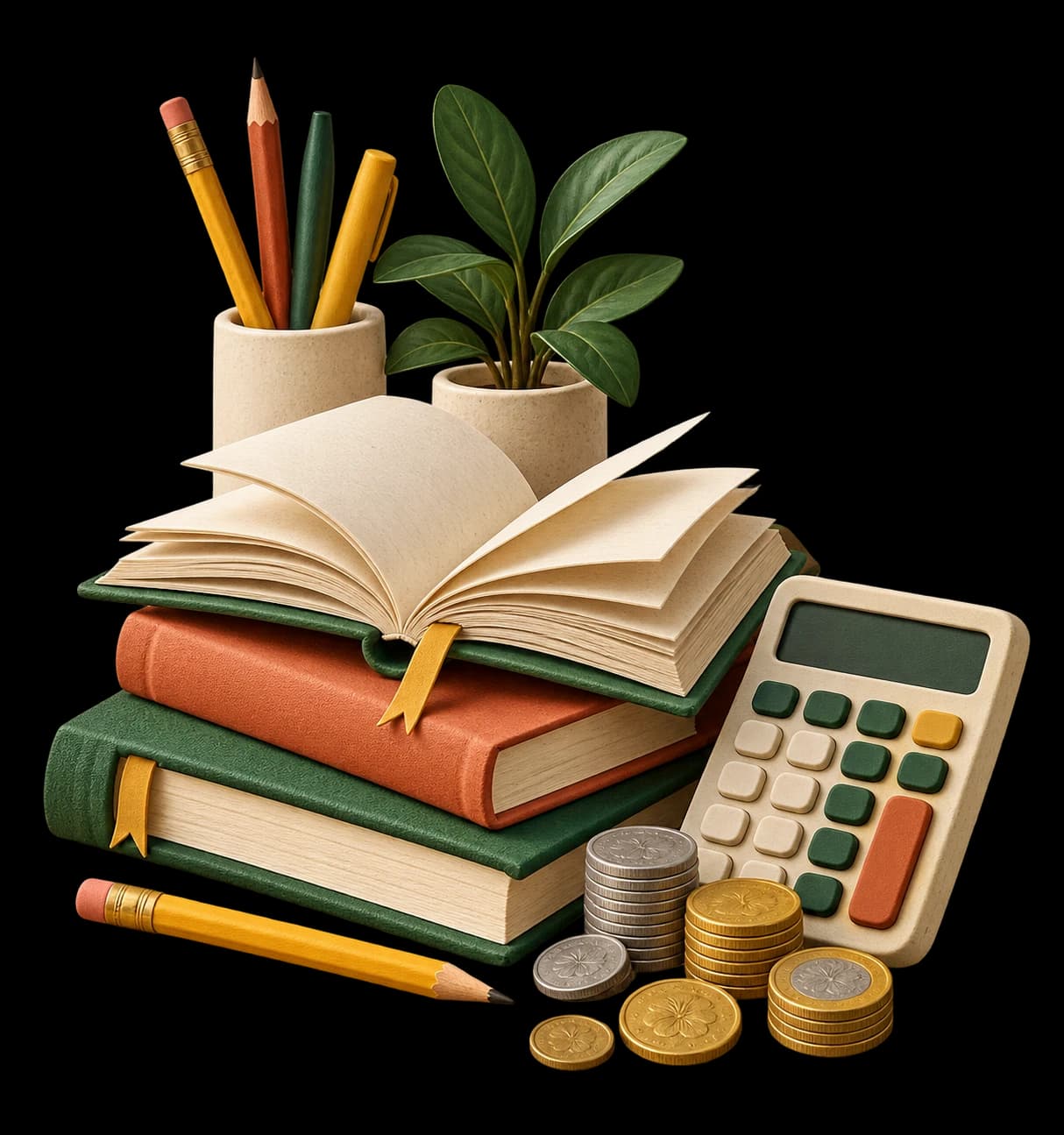 Books, pencils, a calculator, and Malaysian ringgit coins arranged as a learning and budgeting still life