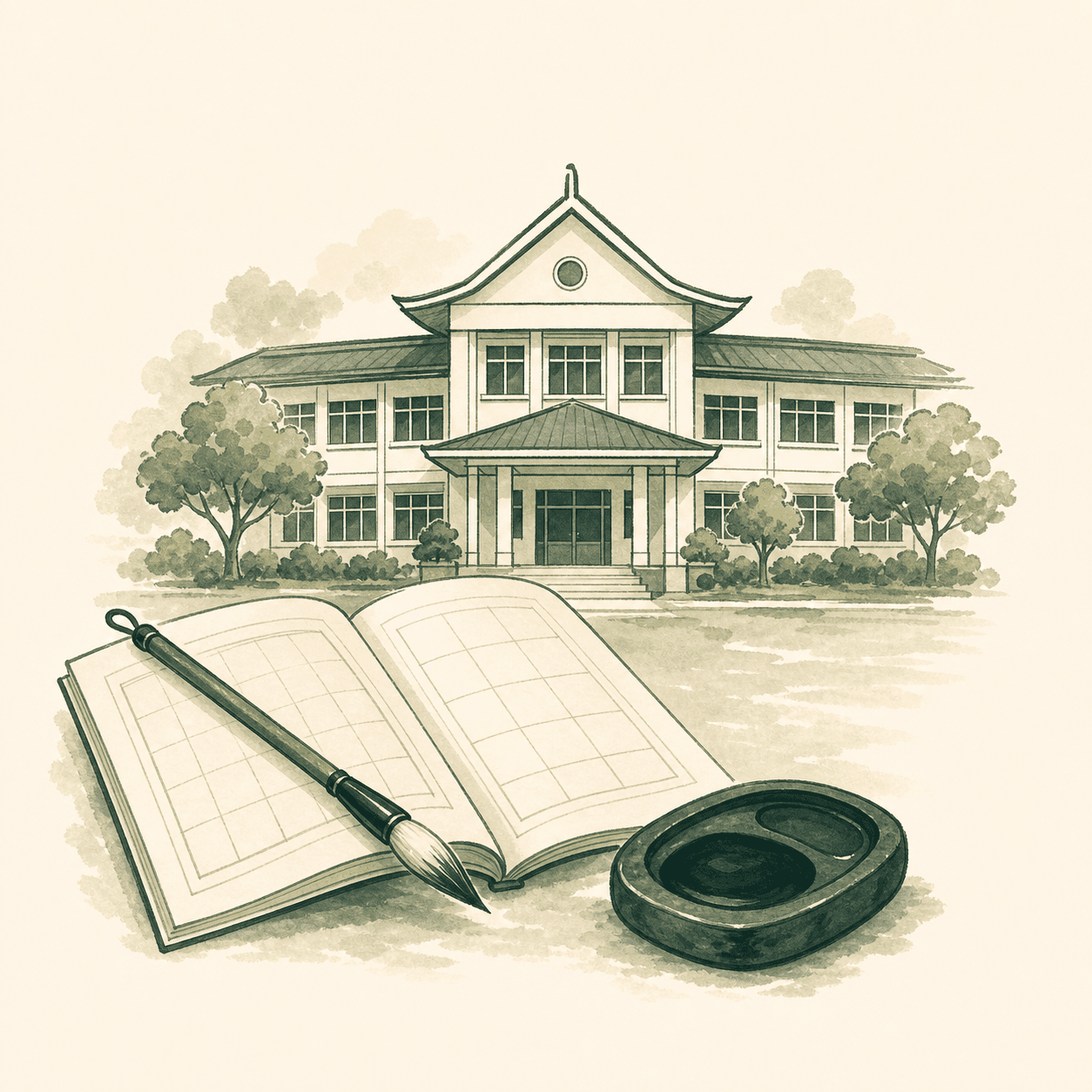 A Chinese-medium school with a workbook, brush, and ink stone