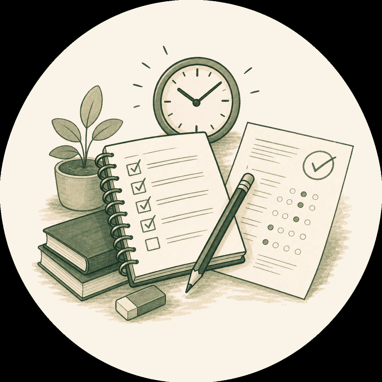 A workbook, checklist, and clock representing exam preparation