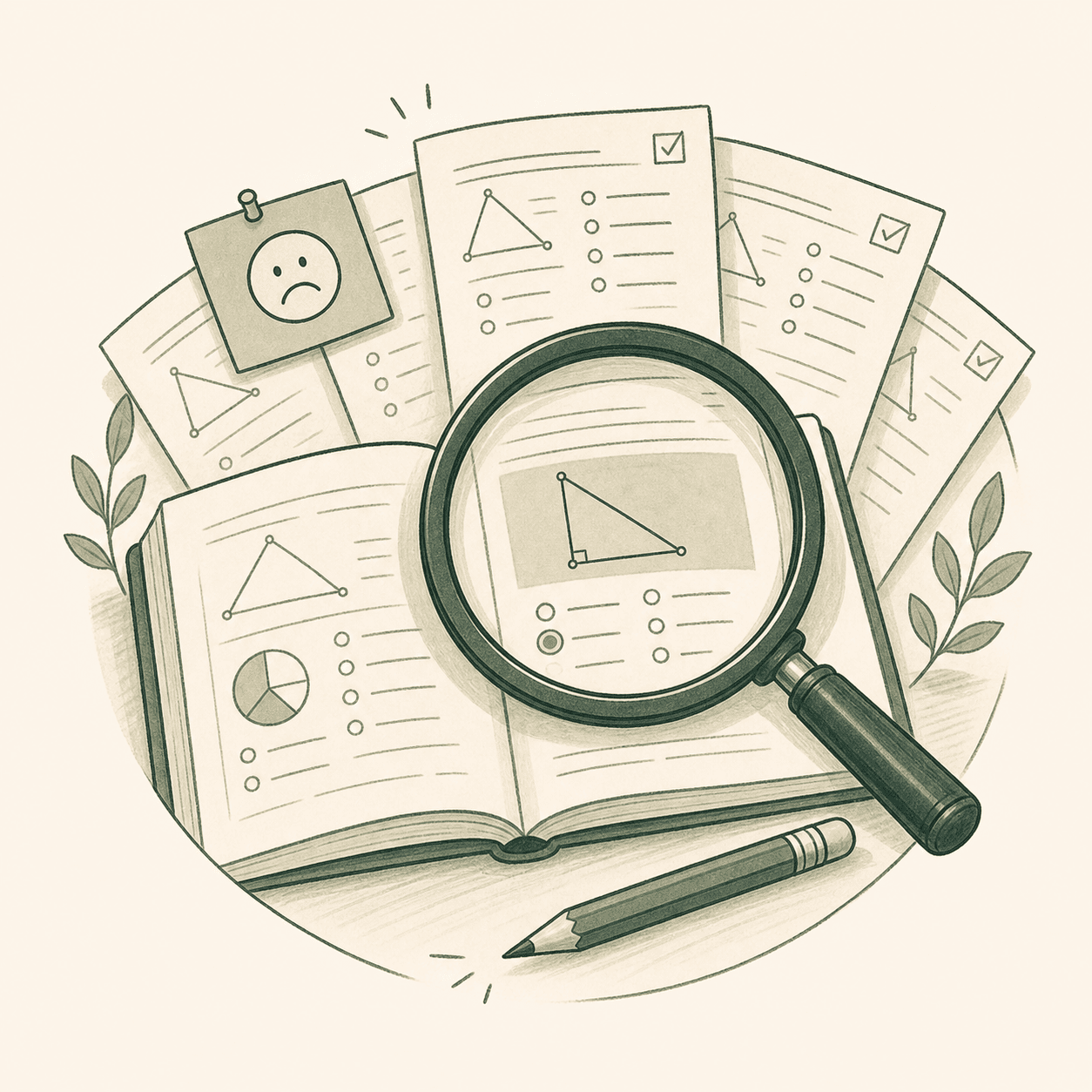 A magnifying glass focusing on a practice question in a workbook