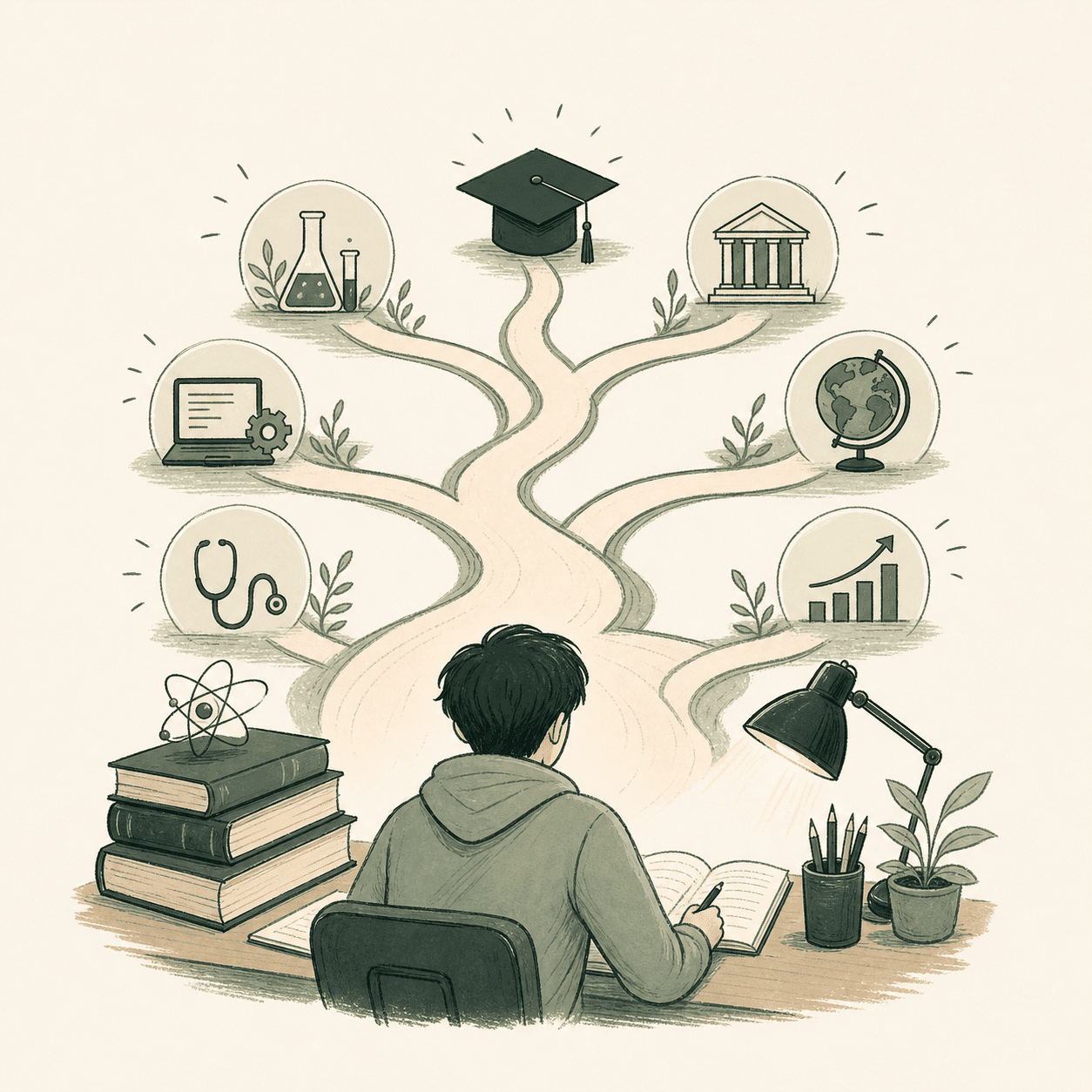A student exploring branching pathways toward pre-university study