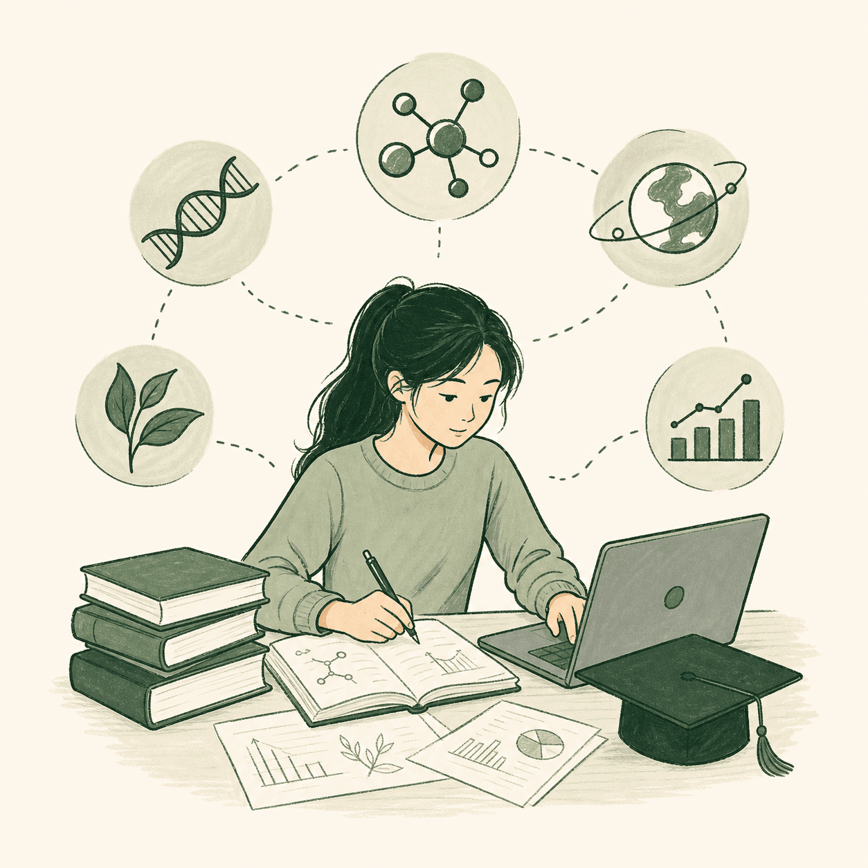 A university student studying specialized modules with books and a laptop