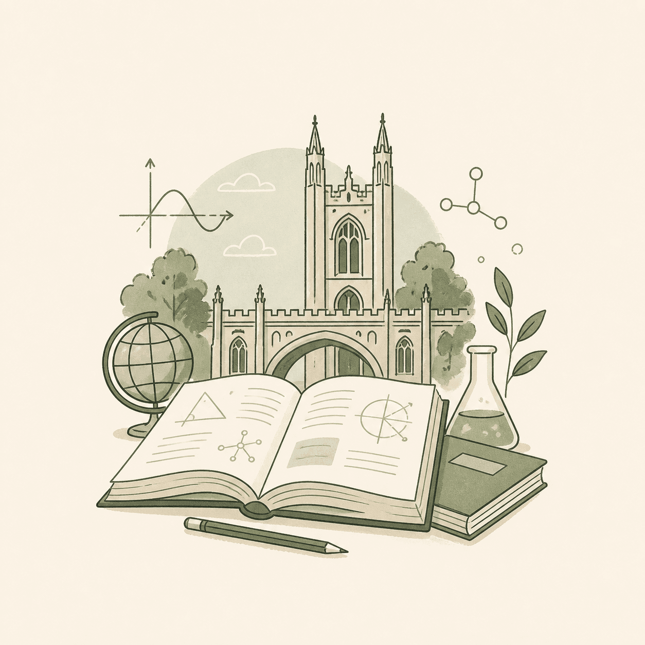 Academic books and a university arch representing the UK syllabus